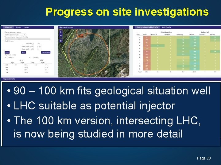 Progress on site investigations • 90 – 100 km fits geological situation well •