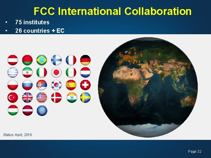 FCC International Collaboration • • 75 institutes 26 countries + EC Status: April, 2016