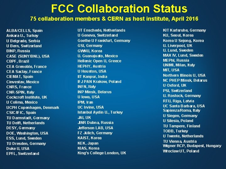 FCC Collaboration Status 75 collaboration members & CERN as host institute, April 2016 ALBA/CELLS,