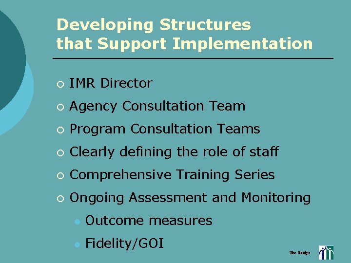 Developing Structures that Support Implementation ¡ IMR Director ¡ Agency Consultation Team ¡ Program