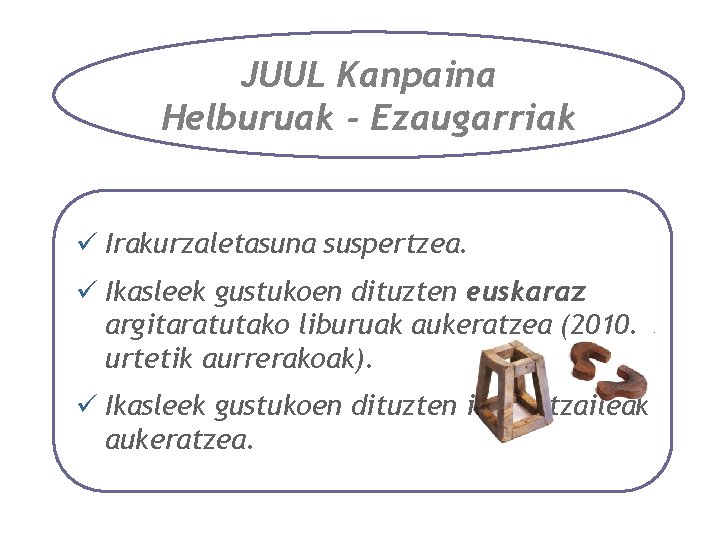 JUUL Kanpaina Helburuak - Ezaugarriak Irakurzaletasuna suspertzea. Ikasleek gustukoen dituzten euskaraz argitaratutako liburuak aukeratzea