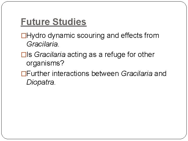 Future Studies �Hydro dynamic scouring and effects from Gracilaria. �Is Gracilaria acting as a