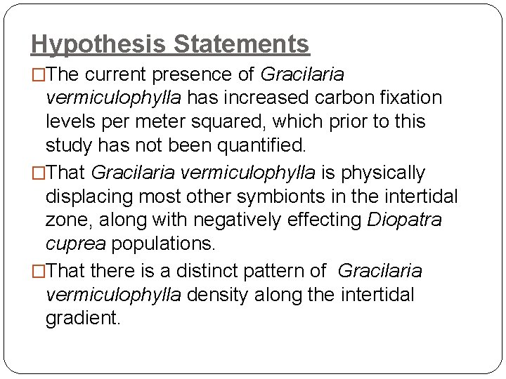 Hypothesis Statements �The current presence of Gracilaria vermiculophylla has increased carbon fixation levels per