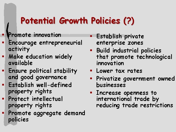 Potential Growth Policies (? ) § Promote innovation § Encourage entrepreneurial activity § Make