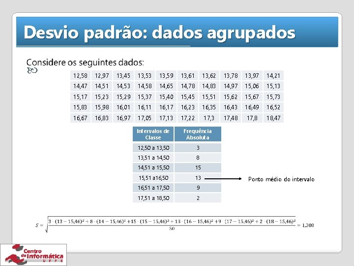 Desvio padrão: dados agrupados 12, 58 12, 97 13, 45 13, 53 13, 59