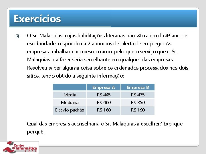 Exercícios 3) O Sr. Malaquias, cujas habilitações literárias não vão além da 4ª ano