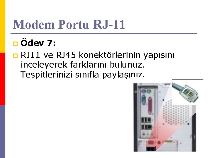 Modem Portu RJ-11 Ödev 7: p RJ 11 ve RJ 45 konektörlerinin yapısını inceleyerek