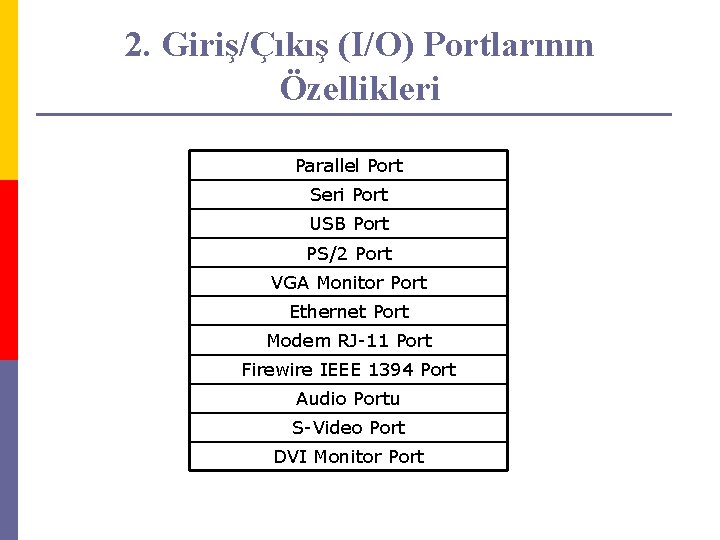 2. Giriş/Çıkış (I/O) Portlarının Özellikleri Parallel Port Seri Port USB Port PS/2 Port VGA