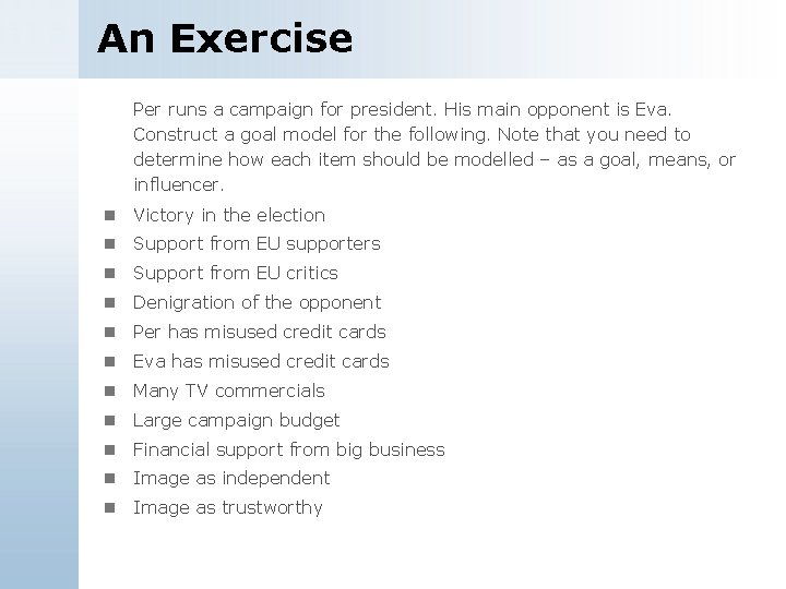 An Exercise Per runs a campaign for president. His main opponent is Eva. Construct