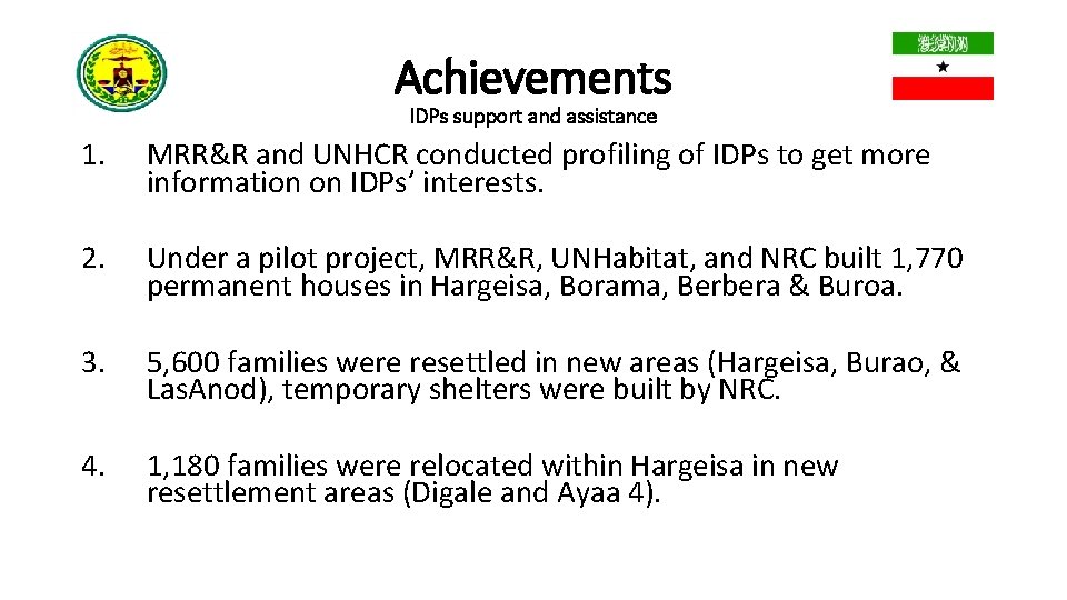 Achievements IDPs support and assistance 1. MRR&R and UNHCR conducted profiling of IDPs to