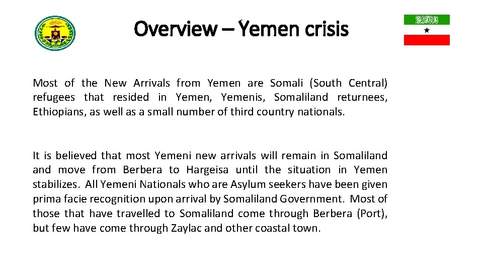 Overview – Yemen crisis Most of the New Arrivals from Yemen are Somali (South