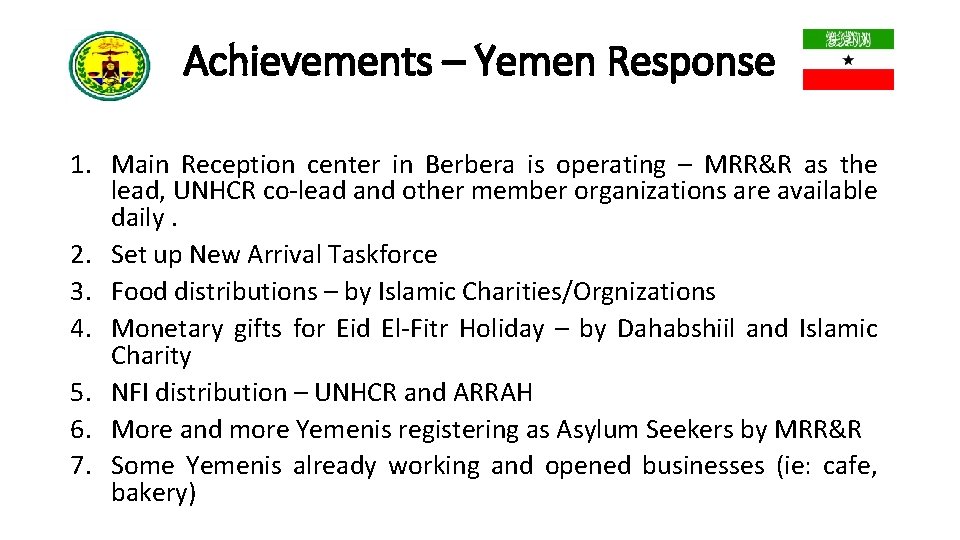 Achievements – Yemen Response 1. Main Reception center in Berbera is operating – MRR&R