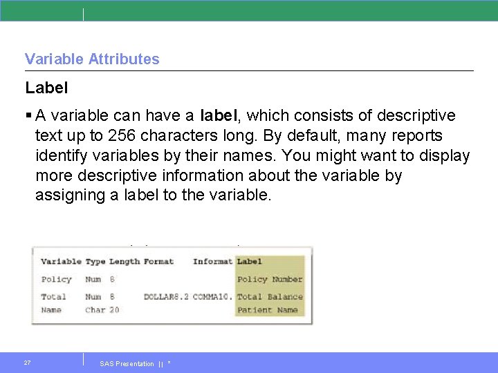 Variable Attributes Label § A variable can have a label, which consists of descriptive