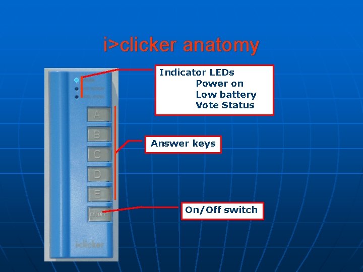 i>clicker anatomy Indicator LEDs Power on Low battery Vote Status Answer keys On/Off switch