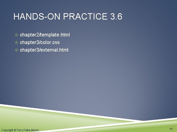 HANDS-ON PRACTICE 3. 6 chapter 2/template. html chapter 3/color. css chapter 3/external. html Copyright