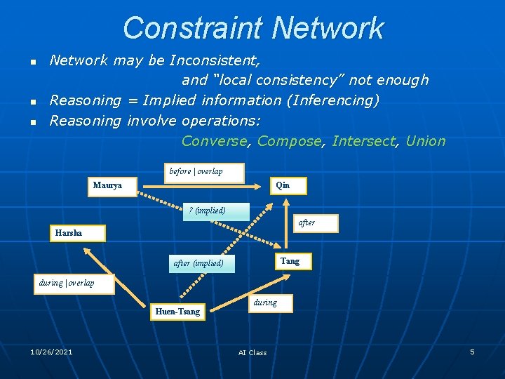 Constraint Network n n n Network may be Inconsistent, and “local consistency” not enough