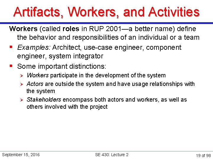 Artifacts, Workers, and Activities Workers (called roles in RUP 2001—a better name) define the