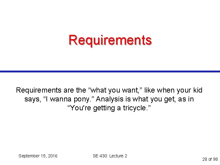 Requirements are the “what you want, ” like when your kid says, “I wanna