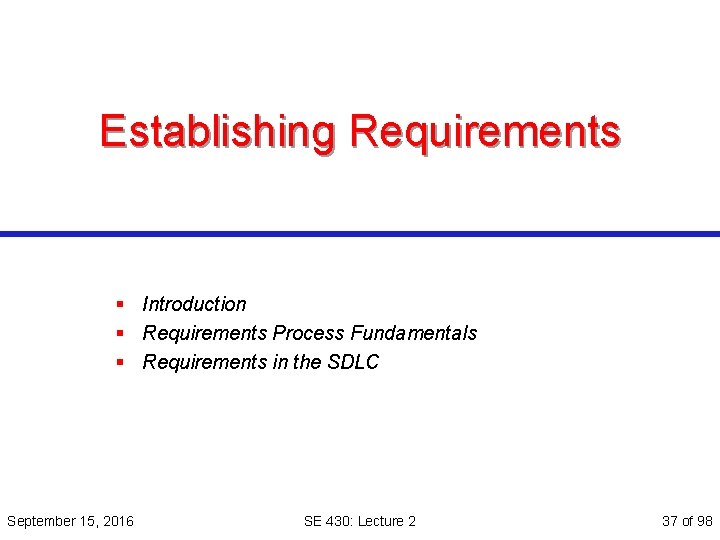 Establishing Requirements § Introduction § Requirements Process Fundamentals § Requirements in the SDLC September