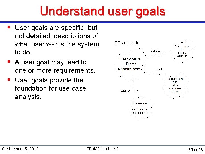 Understand user goals § User goals are specific, but not detailed, descriptions of what