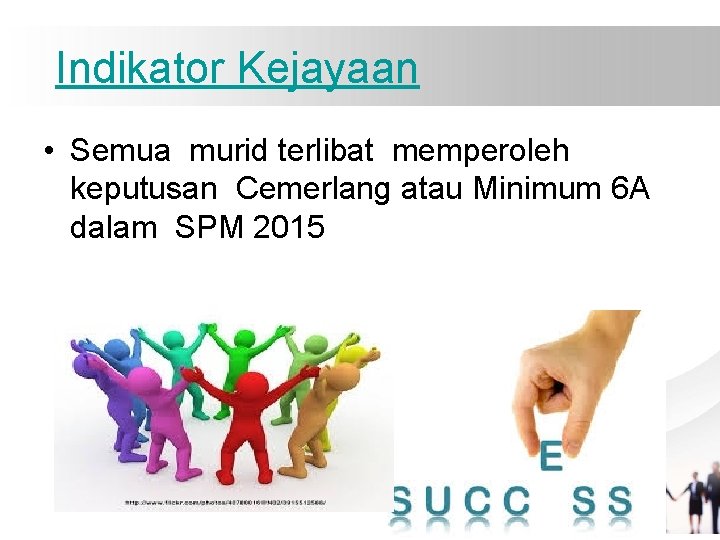 Indikator Kejayaan • Semua murid terlibat memperoleh keputusan Cemerlang atau Minimum 6 A dalam