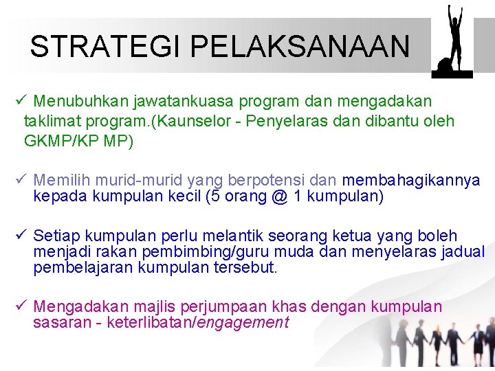 STRATEGI PELAKSANAAN ü Menubuhkan jawatankuasa program dan mengadakan taklimat program. (Kaunselor - Penyelaras dan