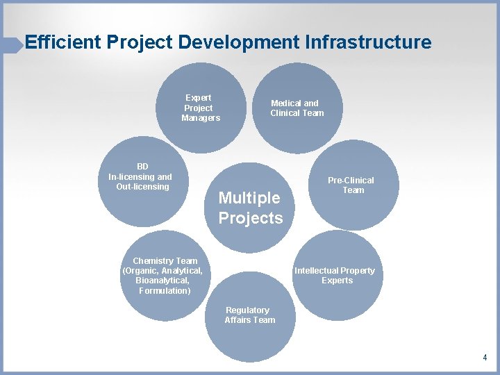 Efficient Project Development Infrastructure Expert Project Managers BD In-licensing and Out-licensing Medical and Clinical