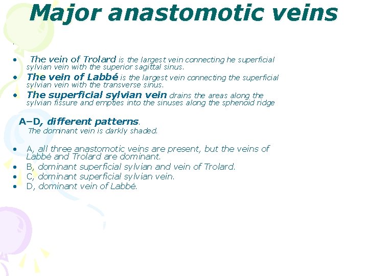 Major anastomotic veins. • • • The vein of Trolard is the largest vein