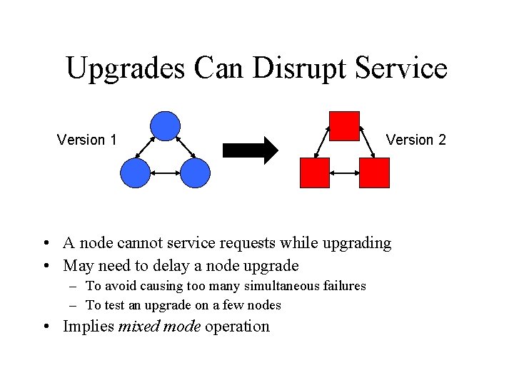 Upgrades Can Disrupt Service Version 1 Version 2 • A node cannot service requests