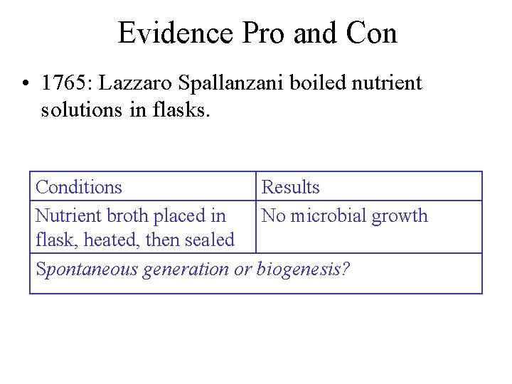 Evidence Pro and Con • 1765: Lazzaro Spallanzani boiled nutrient solutions in flasks. Conditions