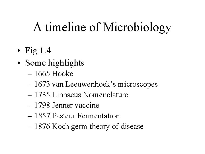 A timeline of Microbiology • Fig 1. 4 • Some highlights – 1665 Hooke