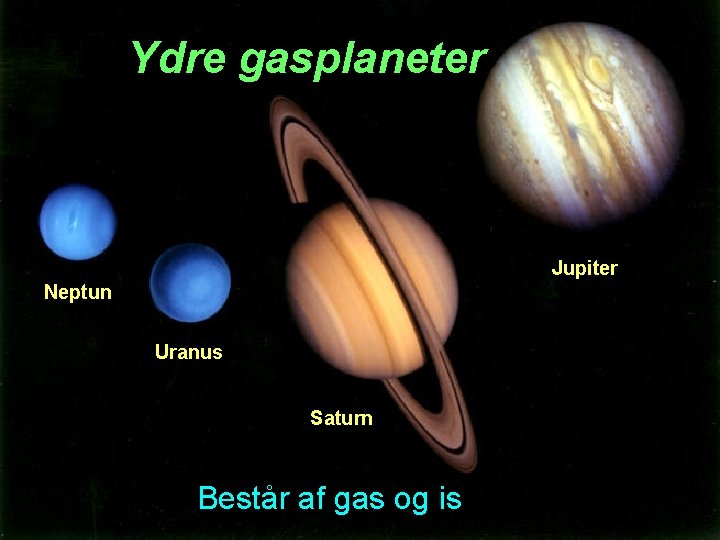 Ydre gasplaneter Jupiter Neptun Uranus Saturn Består af gas og is 