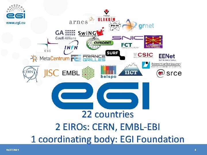 22 countries 2 EIROs: CERN, EMBL-EBI 1 coordinating body: EGI Foundation 10/27/2021 4 
