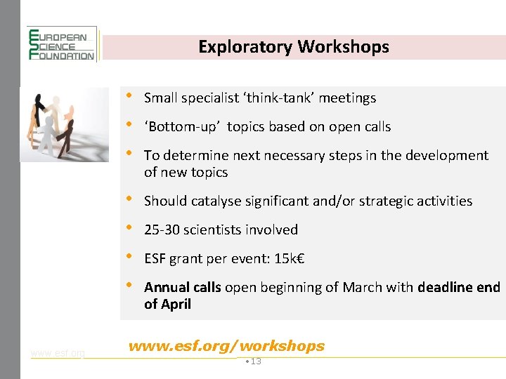 Exploratory Workshops www. esf. org • • • Small specialist ‘think-tank’ meetings • •