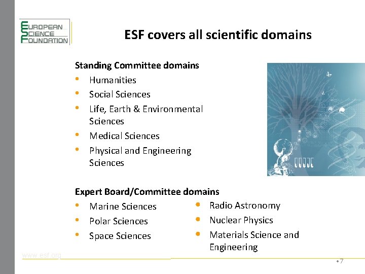 ESF covers all scientific domains Standing Committee domains • Humanities • Social Sciences •