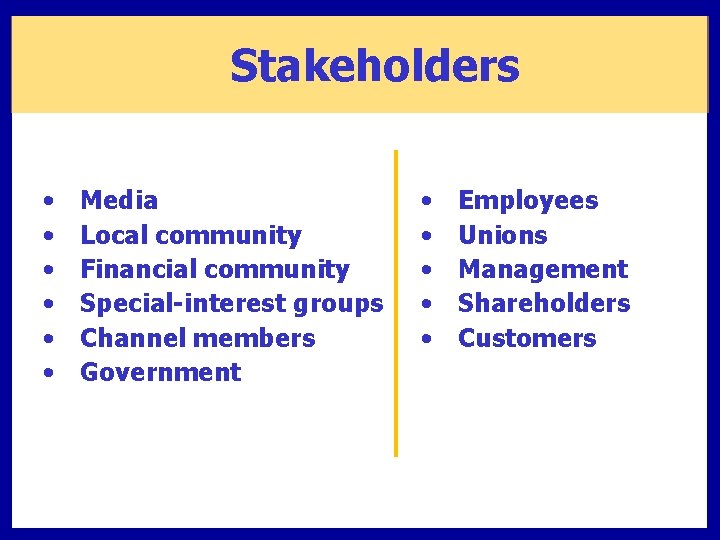 Stakeholders • • • Media Local community Financial community Special-interest groups Channel members Government