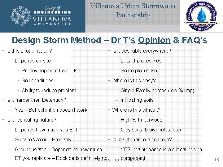 Villanova Urban Stormwater Partnership Design Storm Method – Dr T’s Opinion & FAQ’s •