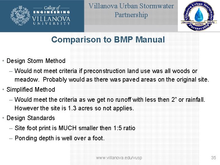 Villanova Urban Stormwater Partnership Comparison to BMP Manual • Design Storm Method – Would