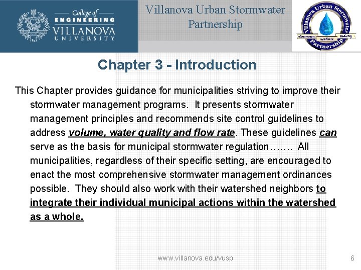 Villanova Urban Stormwater Partnership Chapter 3 - Introduction This Chapter provides guidance for municipalities