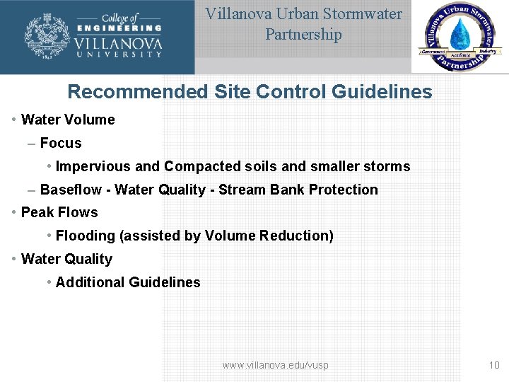 Villanova Urban Stormwater Partnership Recommended Site Control Guidelines • Water Volume – Focus •