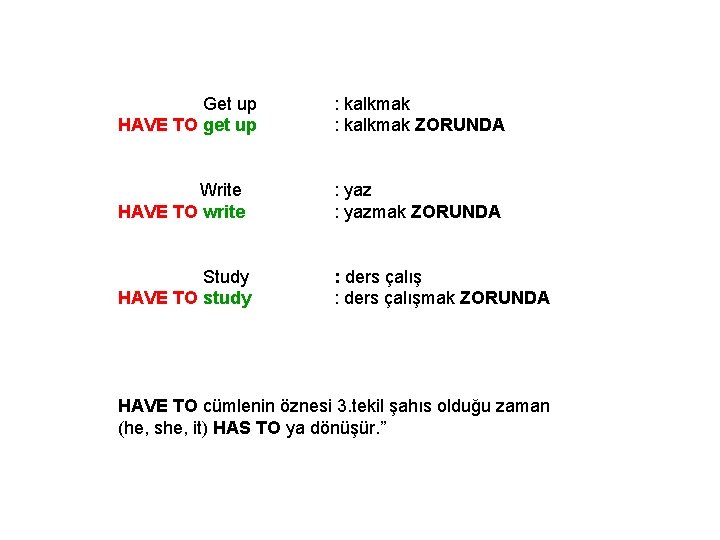Get up HAVE TO get up : kalkmak ZORUNDA Write HAVE TO write :