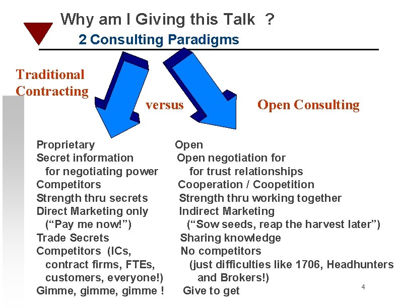 Why am I Giving this Talk ? 2 Consulting Paradigms Traditional Contracting versus Open