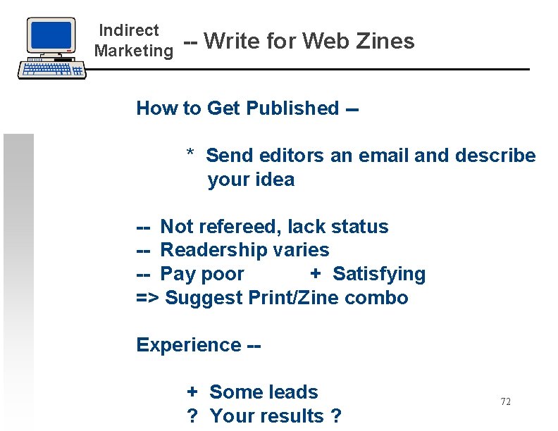 Indirect Marketing -- Write for Web Zines How to Get Published -* Send editors