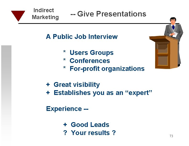 Indirect Marketing -- Give Presentations A Public Job Interview * Users Groups * Conferences