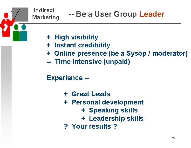 Indirect Marketing + + + -- -- Be a User Group Leader High visibility