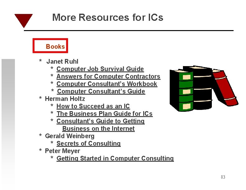 More Resources for ICs Books * Janet Ruhl * Computer Job Survival Guide *