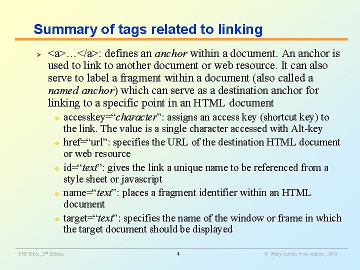 Summary of tags related to linking Ø <a>…</a>: defines an anchor within a document.