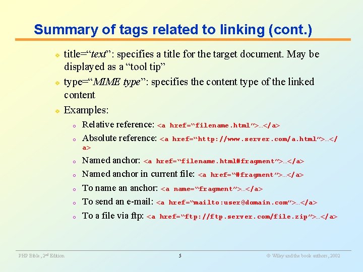 Summary of tags related to linking (cont. ) v v v title=“text”: specifies a