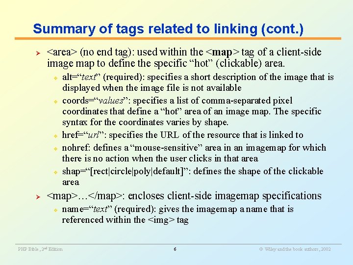 Summary of tags related to linking (cont. ) Ø <area> (no end tag): used