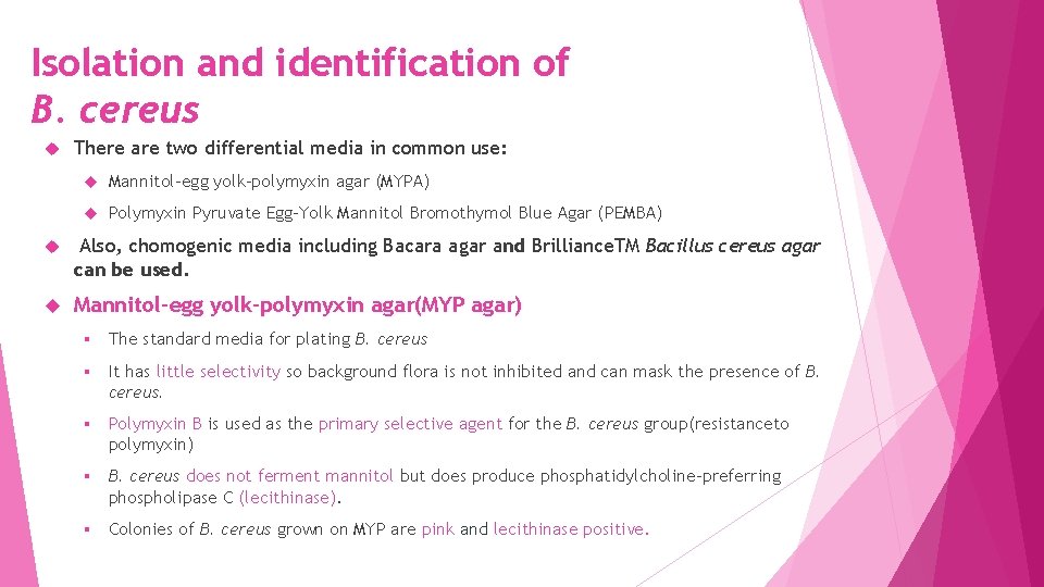 Isolation and identification of B. cereus There are two differential media in common use: